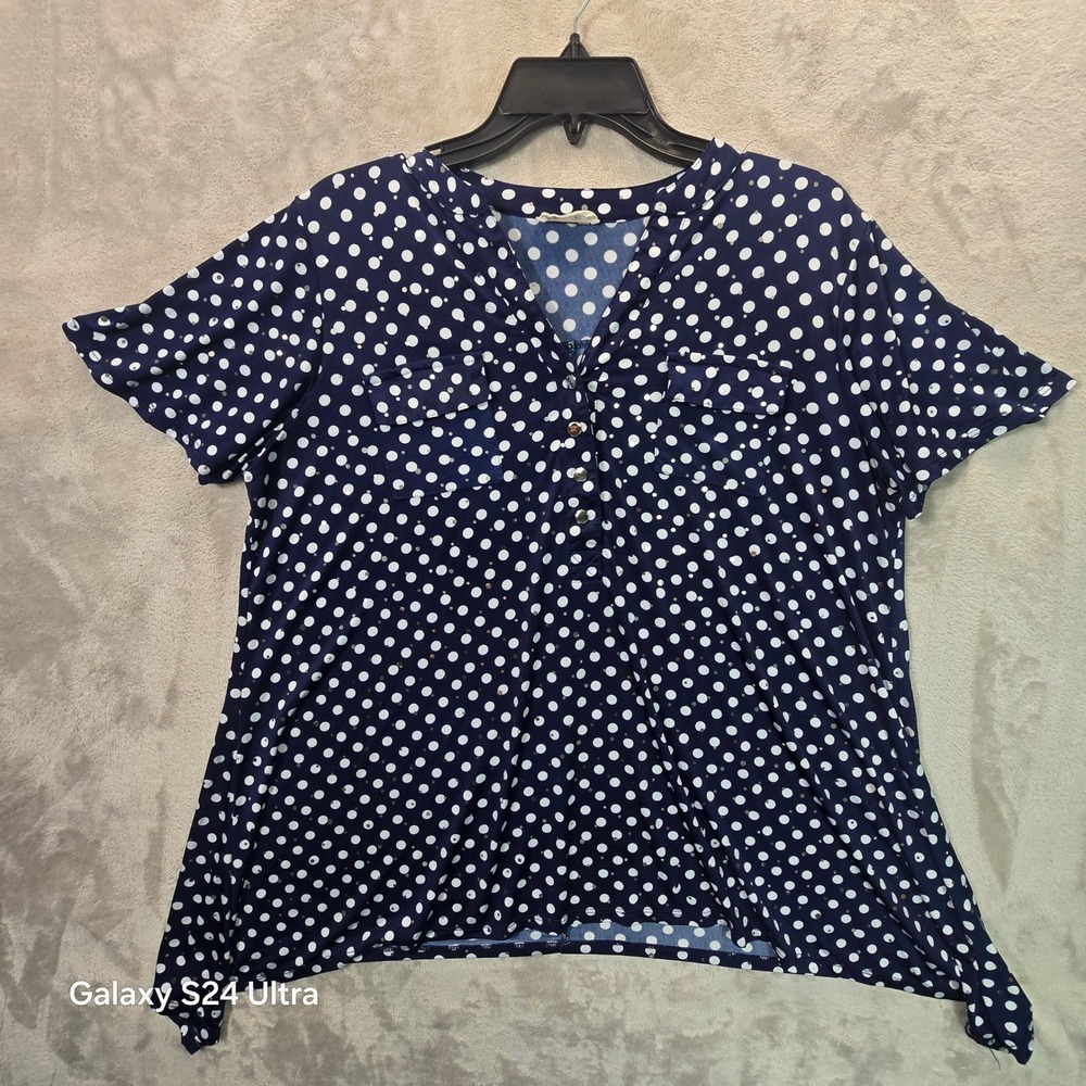 Brittany Black Navy Blue Polka Dot Sequin Sharkbite Hem Blouse Top Mens L